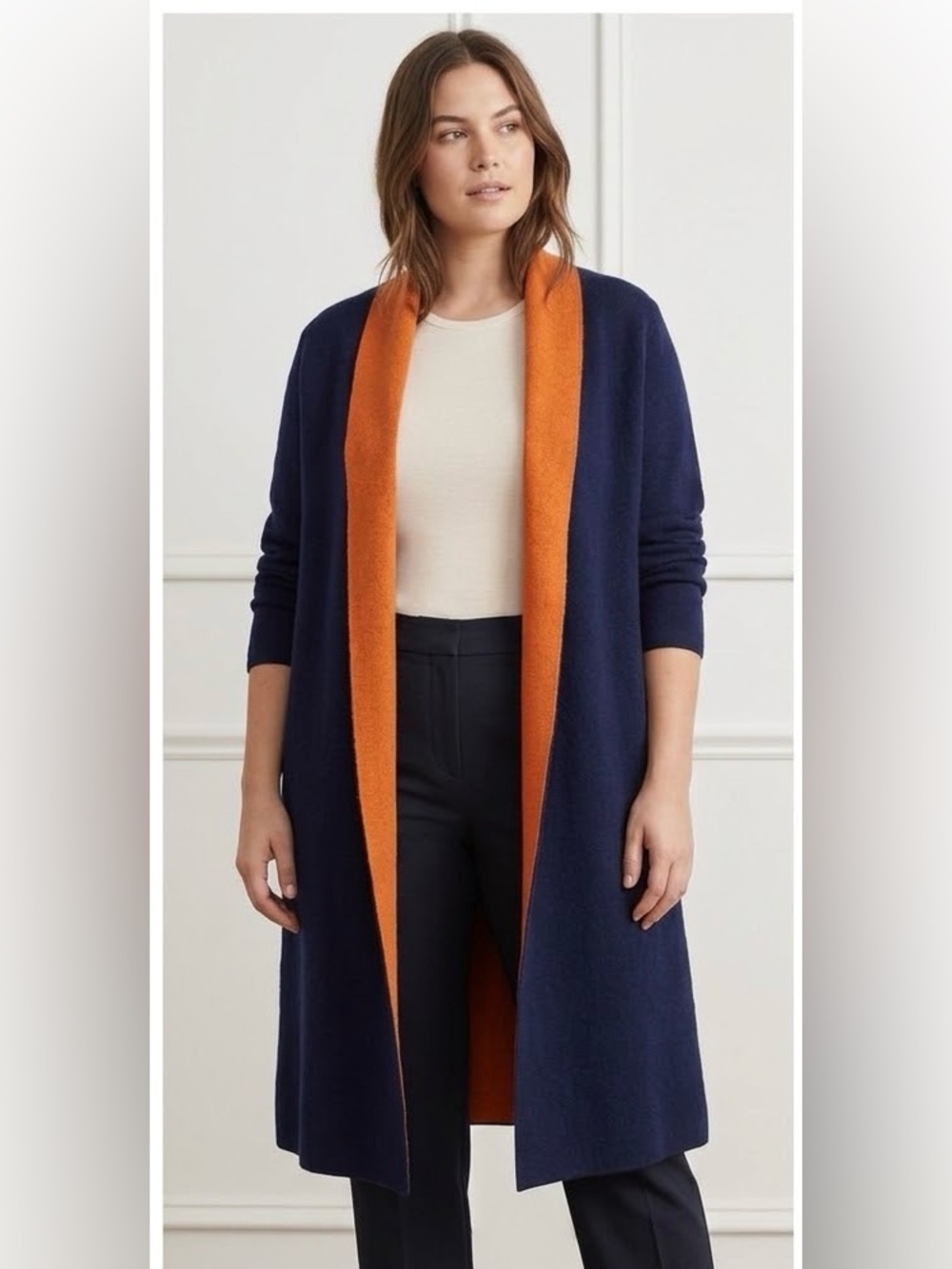 Navy and Orange Open-Front Long Cardigan Sweater